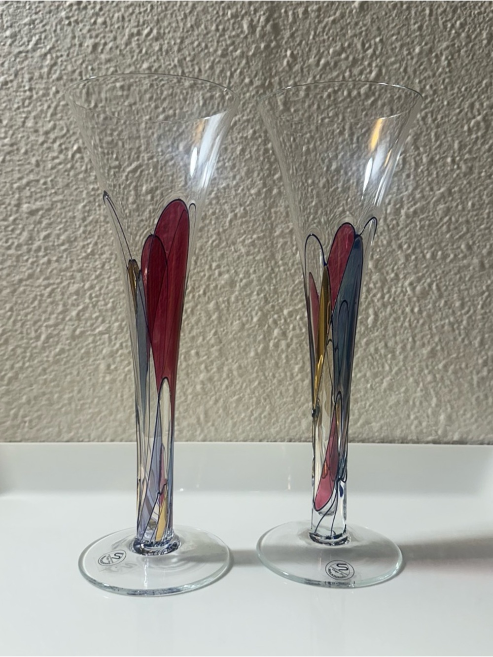 PAIR Romania Art Glass Champagne
Fluted Wine Glasses Hand Blown